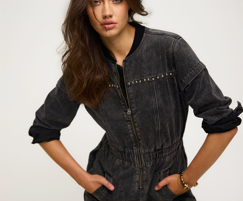 Callie Aviator Longsleeve Studded Denim Jumpsuit - Washed Black
