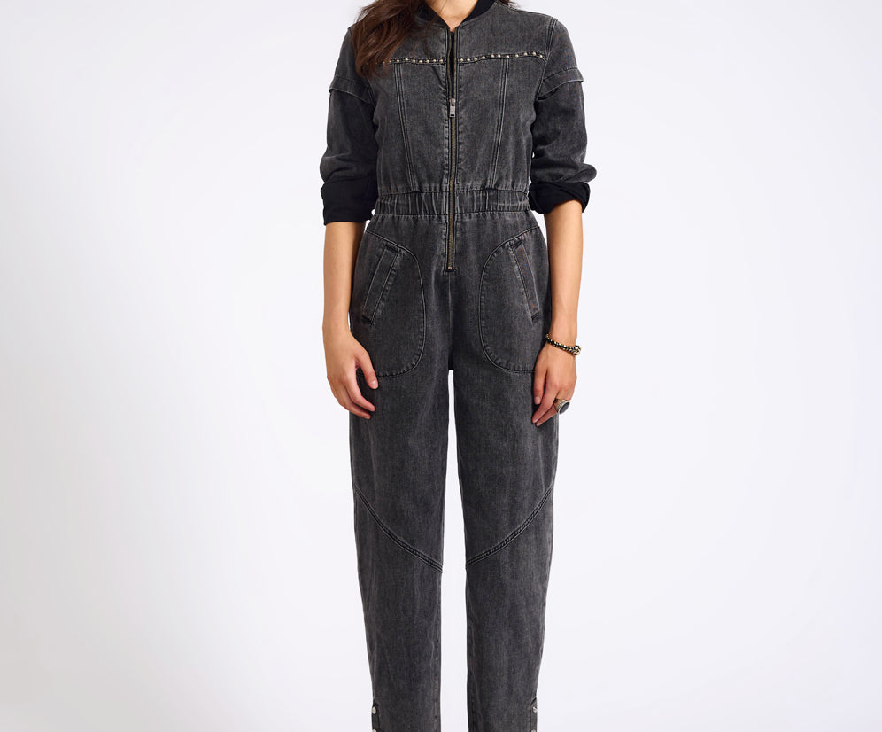 Callie Aviator Longsleeve Studded Denim Jumpsuit - Washed Black