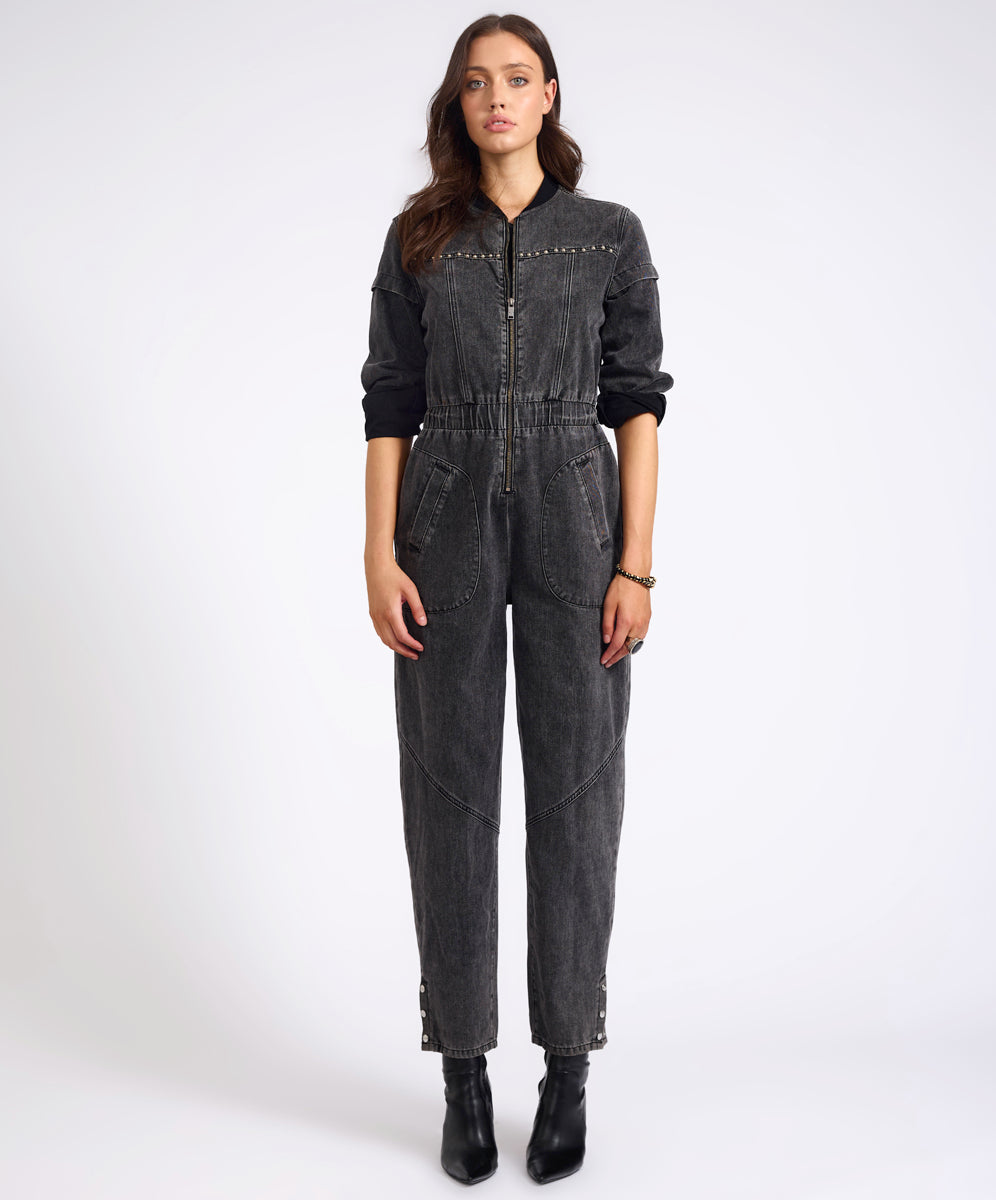 Last Stock Callie Aviator Longsleeve Studded Denim Jumpsuit - Washed Black