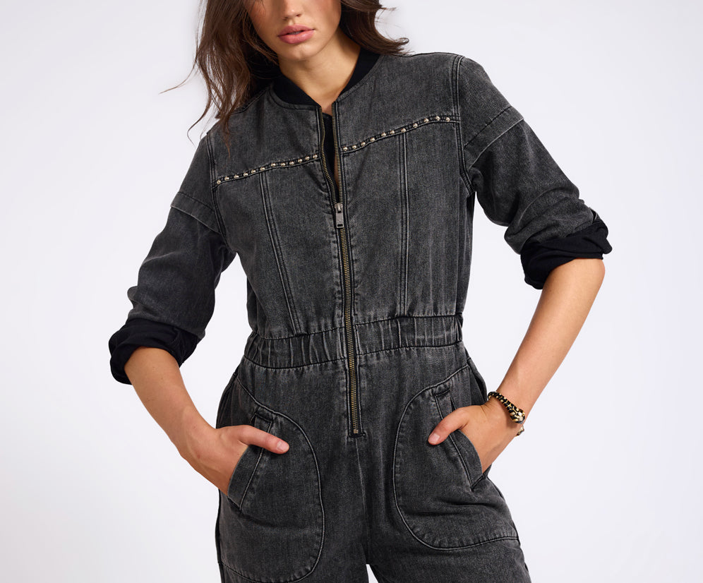 Callie Aviator Longsleeve Studded Denim Jumpsuit - Washed Black