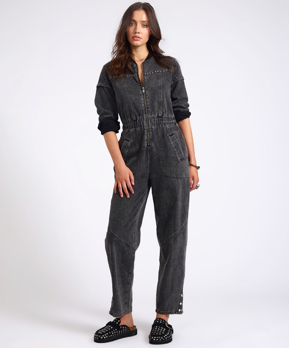 Callie Aviator Longsleeve Studded Denim Jumpsuit - Washed Black Callie Aviator Longsleeve Studded Denim Jumpsuit - Washed Black
