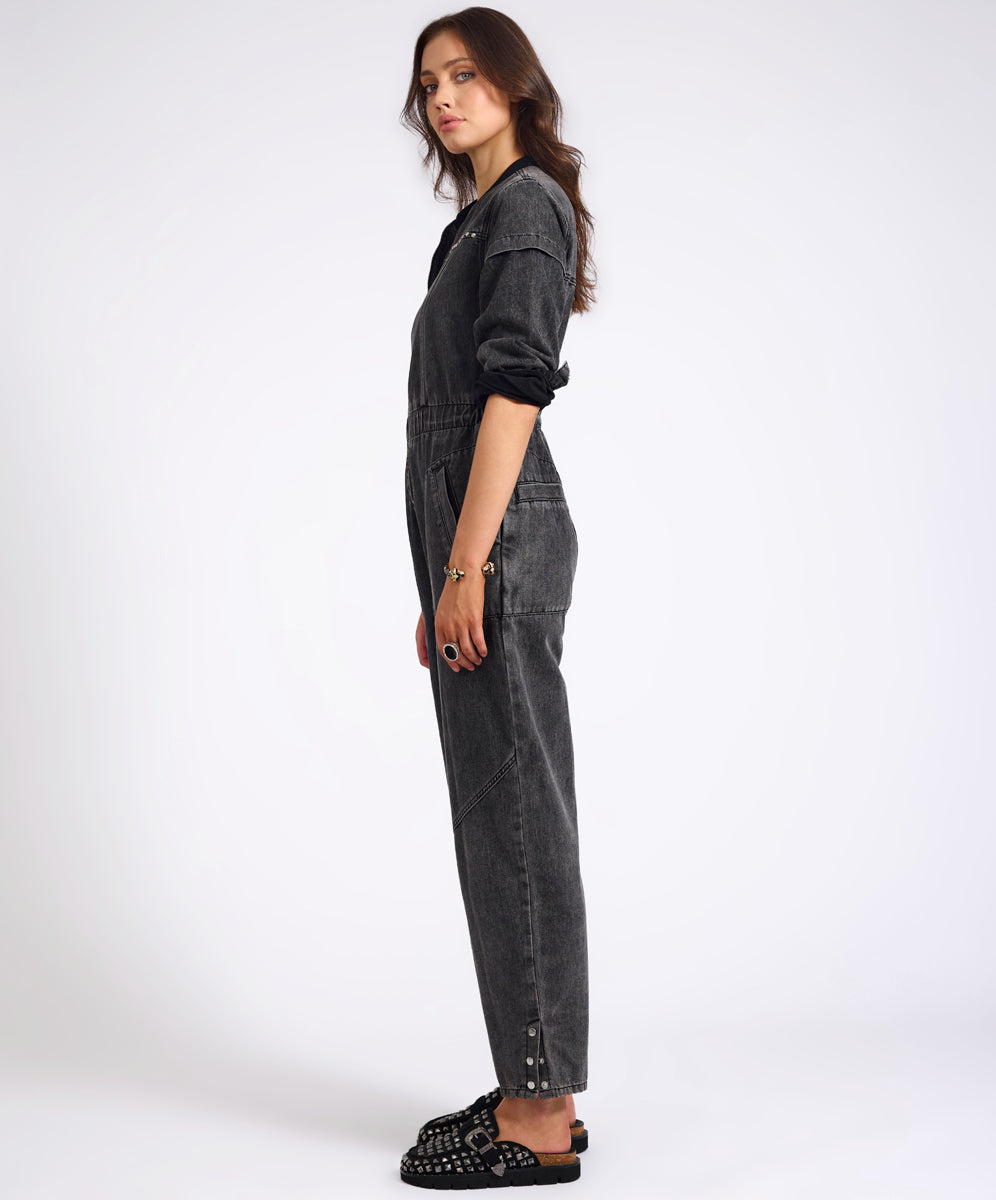 Callie Aviator Longsleeve Studded Denim Jumpsuit - Washed Black