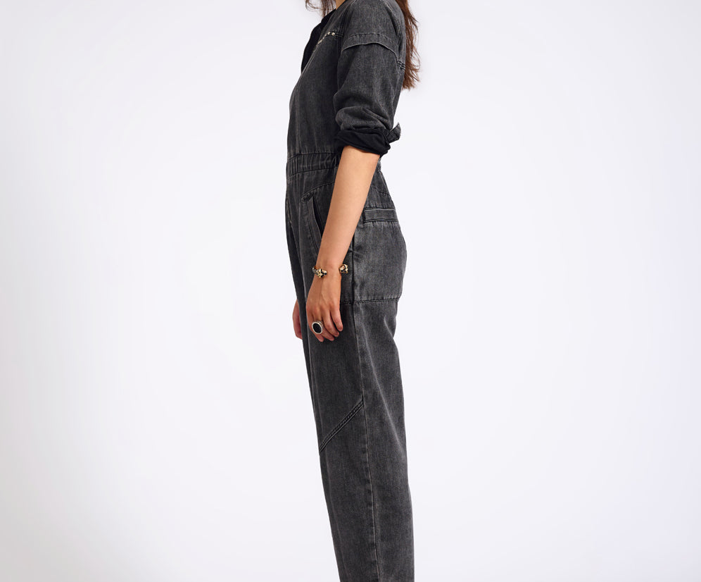 Callie Aviator Longsleeve Studded Denim Jumpsuit - Washed Black