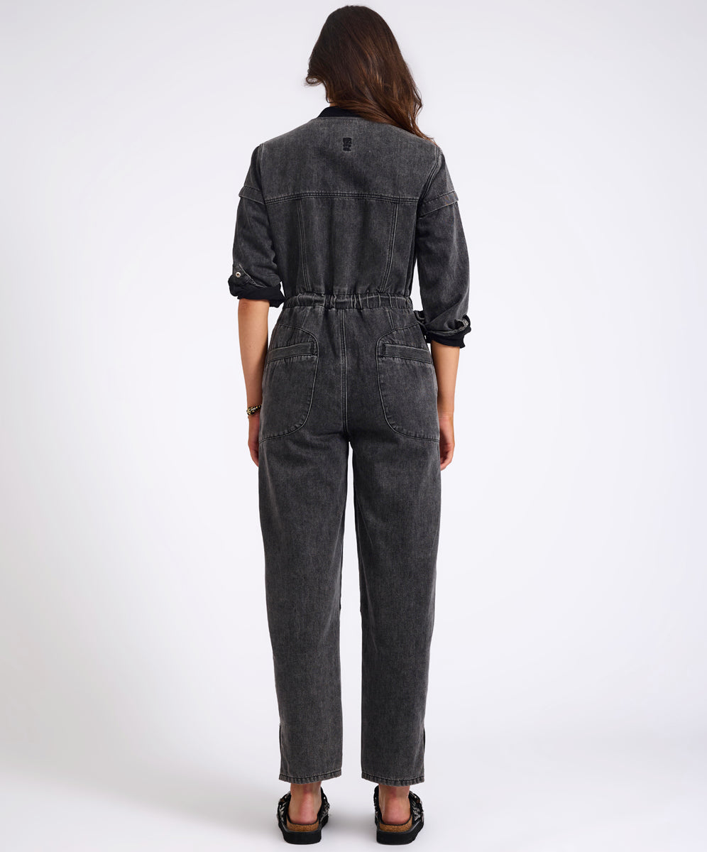 Callie Aviator Longsleeve Studded Denim Jumpsuit - Washed