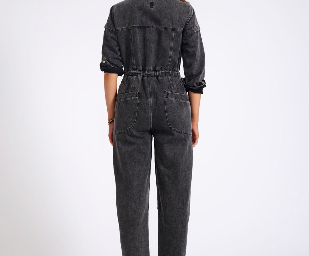 Callie Aviator Longsleeve Studded Denim Jumpsuit - Washed Black