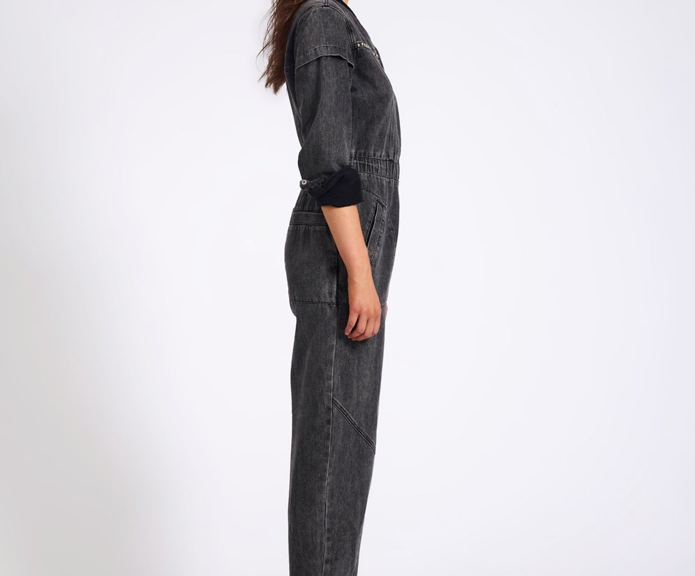 Callie Aviator Longsleeve Studded Denim Jumpsuit - Washed Black