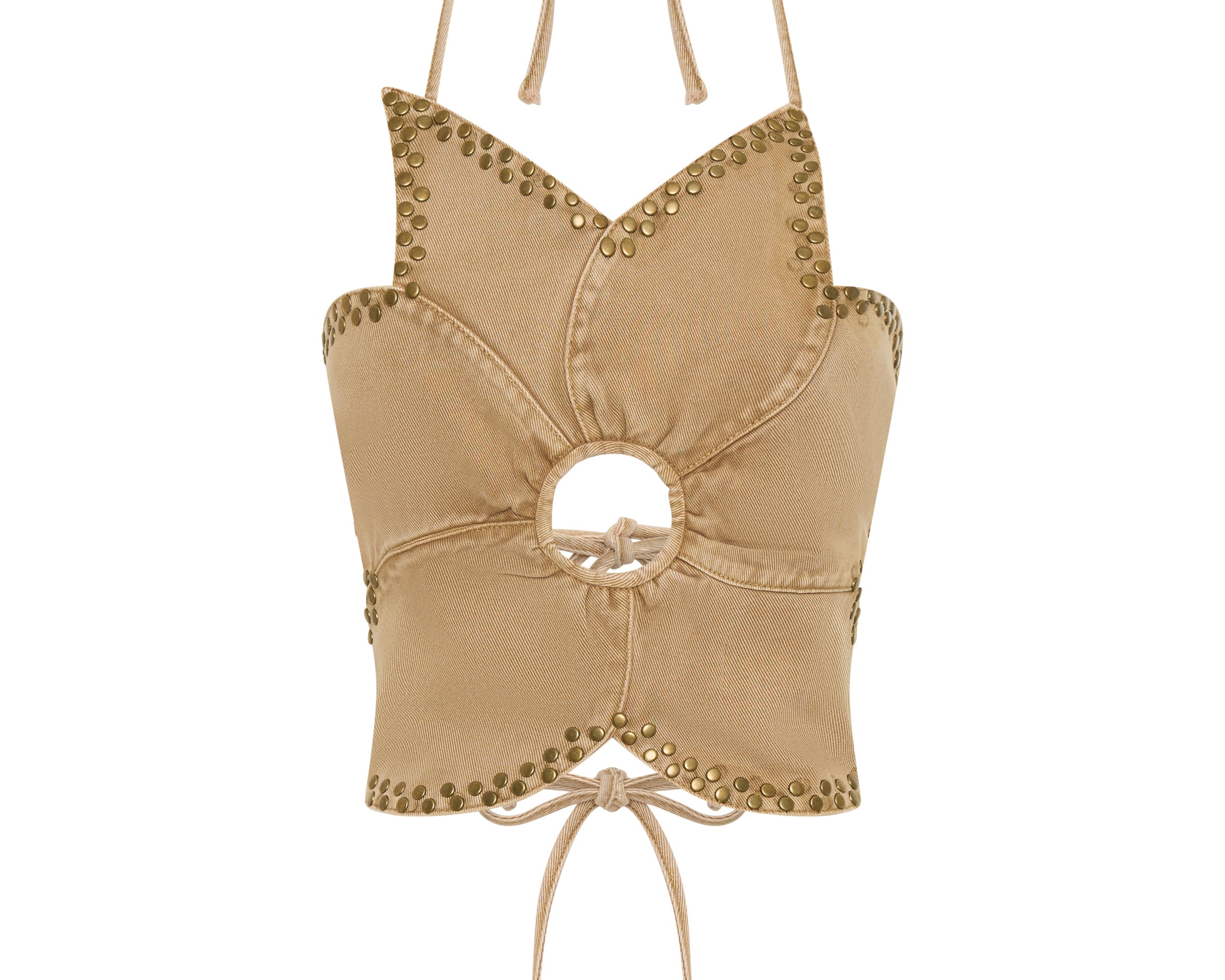 Denim Flower Studded Backless Crop Top - Warm Tan