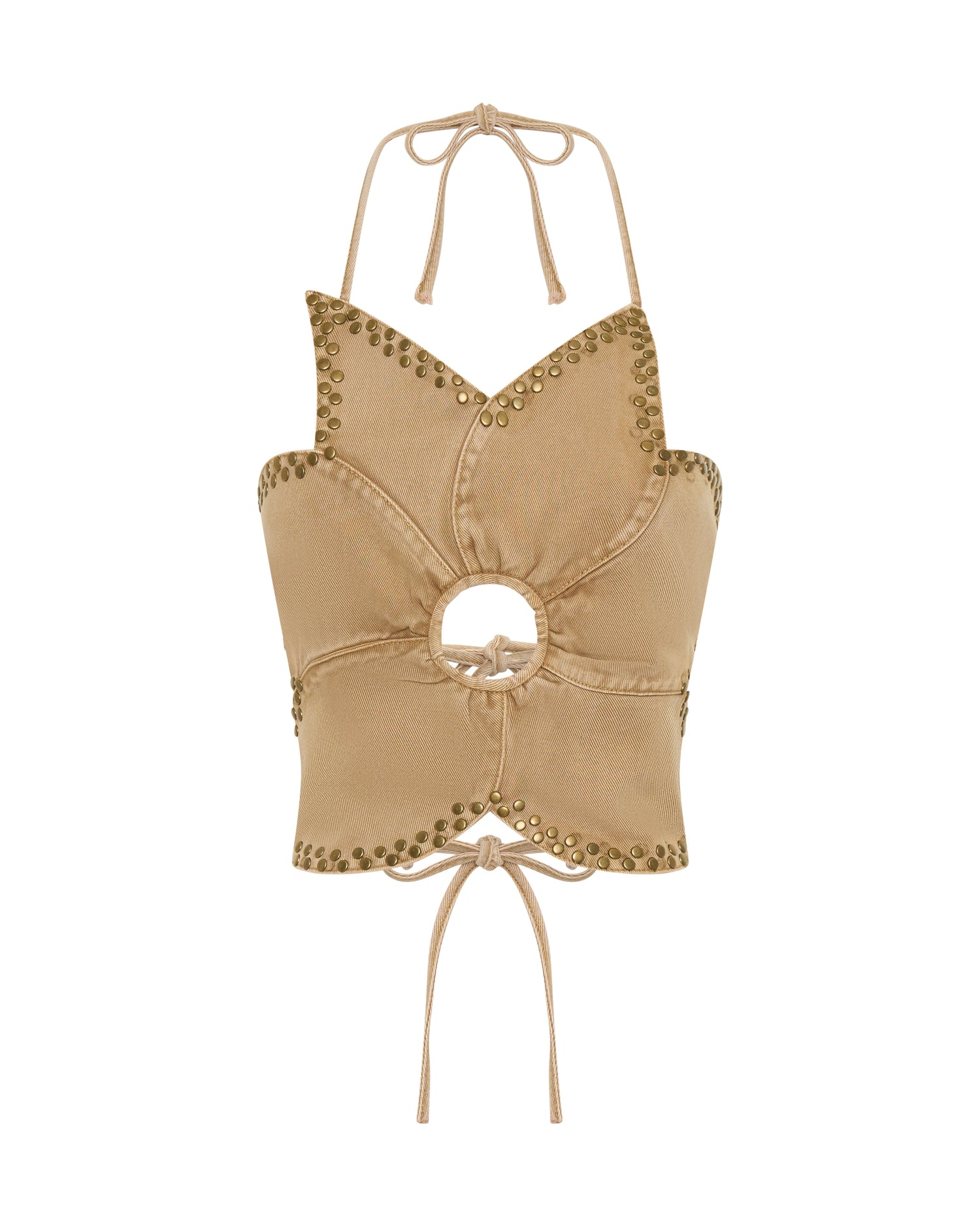  Denim Flower Studded Backless Crop Top - Warm Tan