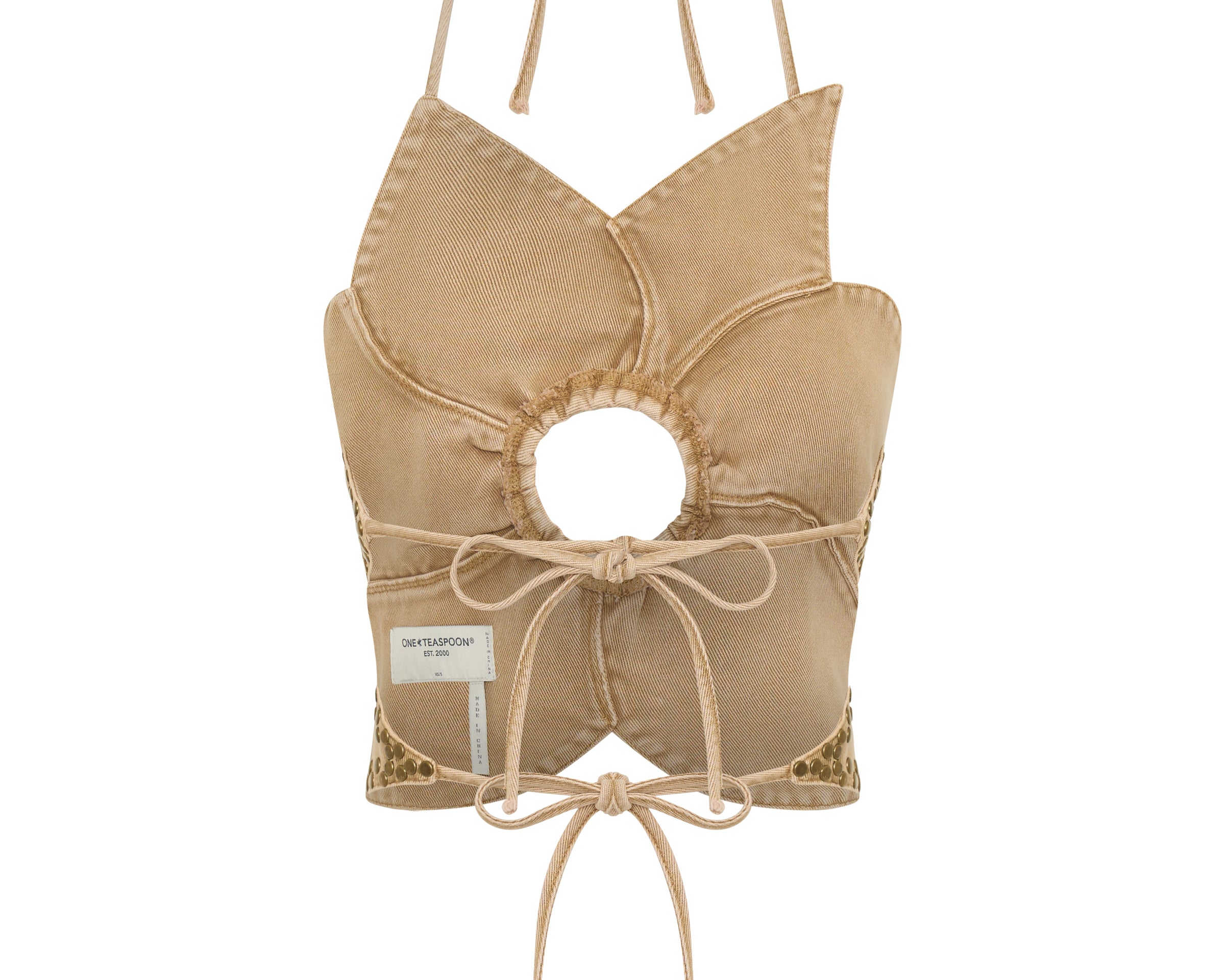 Denim Flower Studded Backless Crop Top - Warm Tan