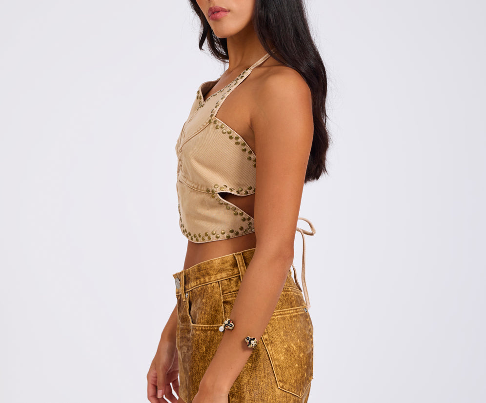 Denim Flower Studded Backless Crop Top - Warm Tan