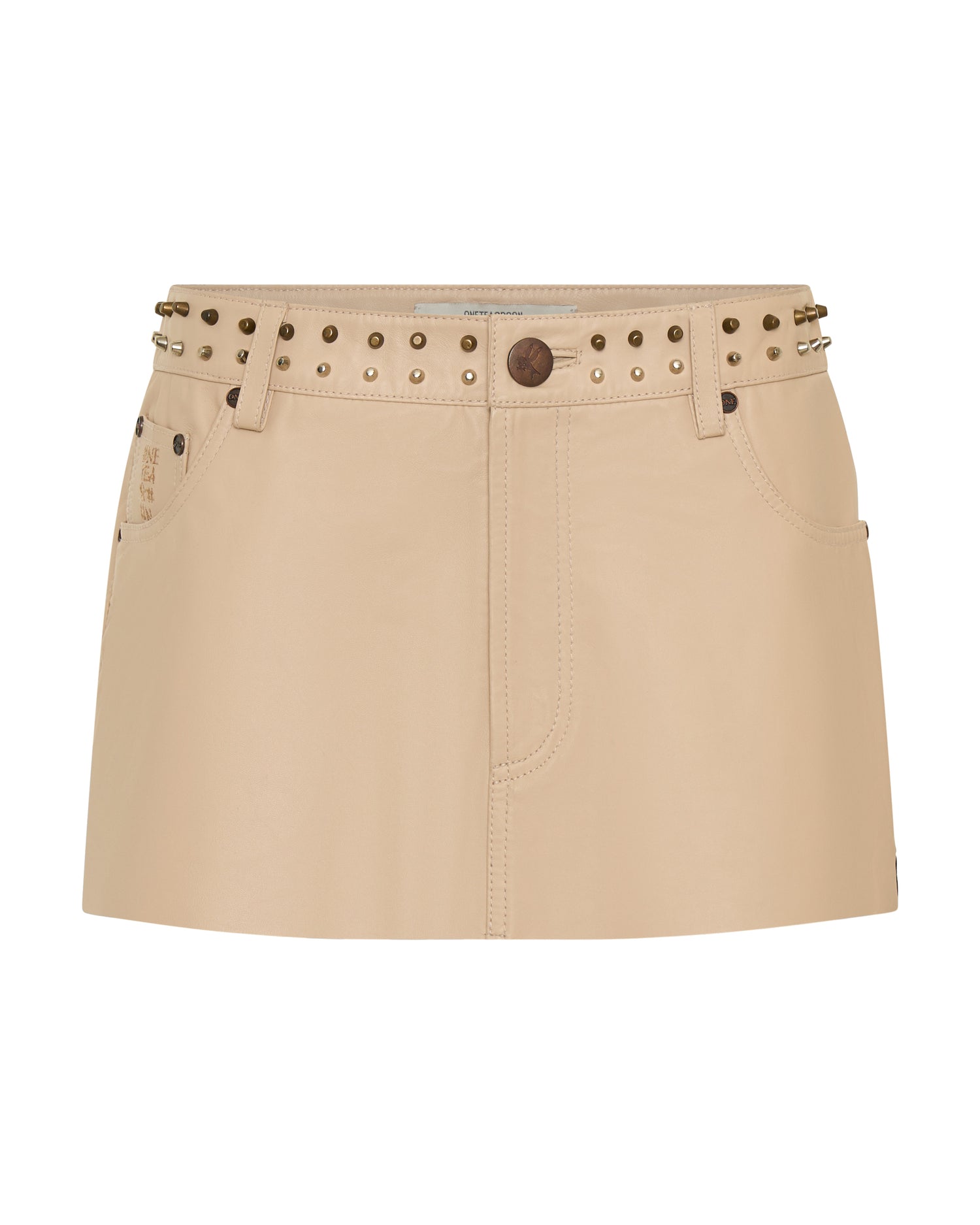  Sloane Low Waist Mini Studded Leather Skirt - Tan