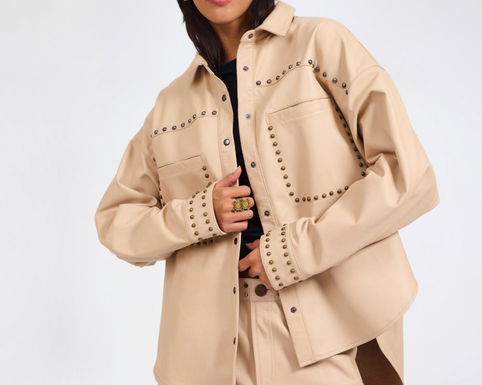 Daria Studded Leather Shacket - Tan