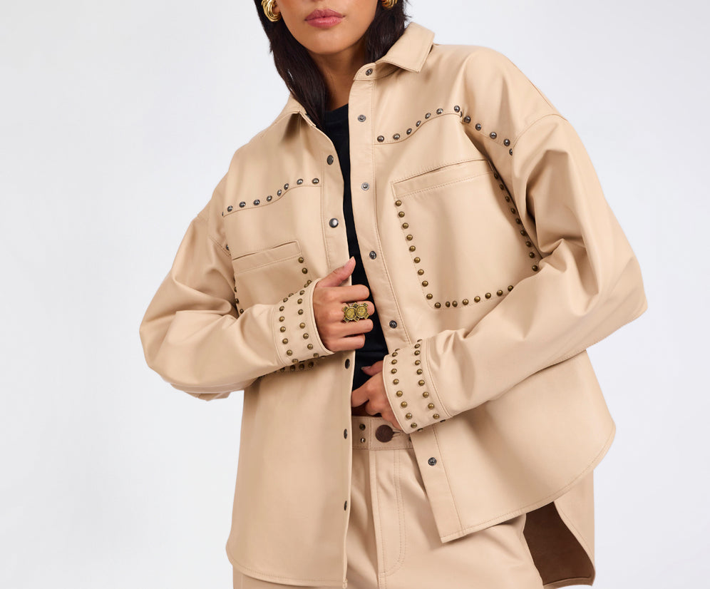 Daria Studded Leather Shacket - Tan