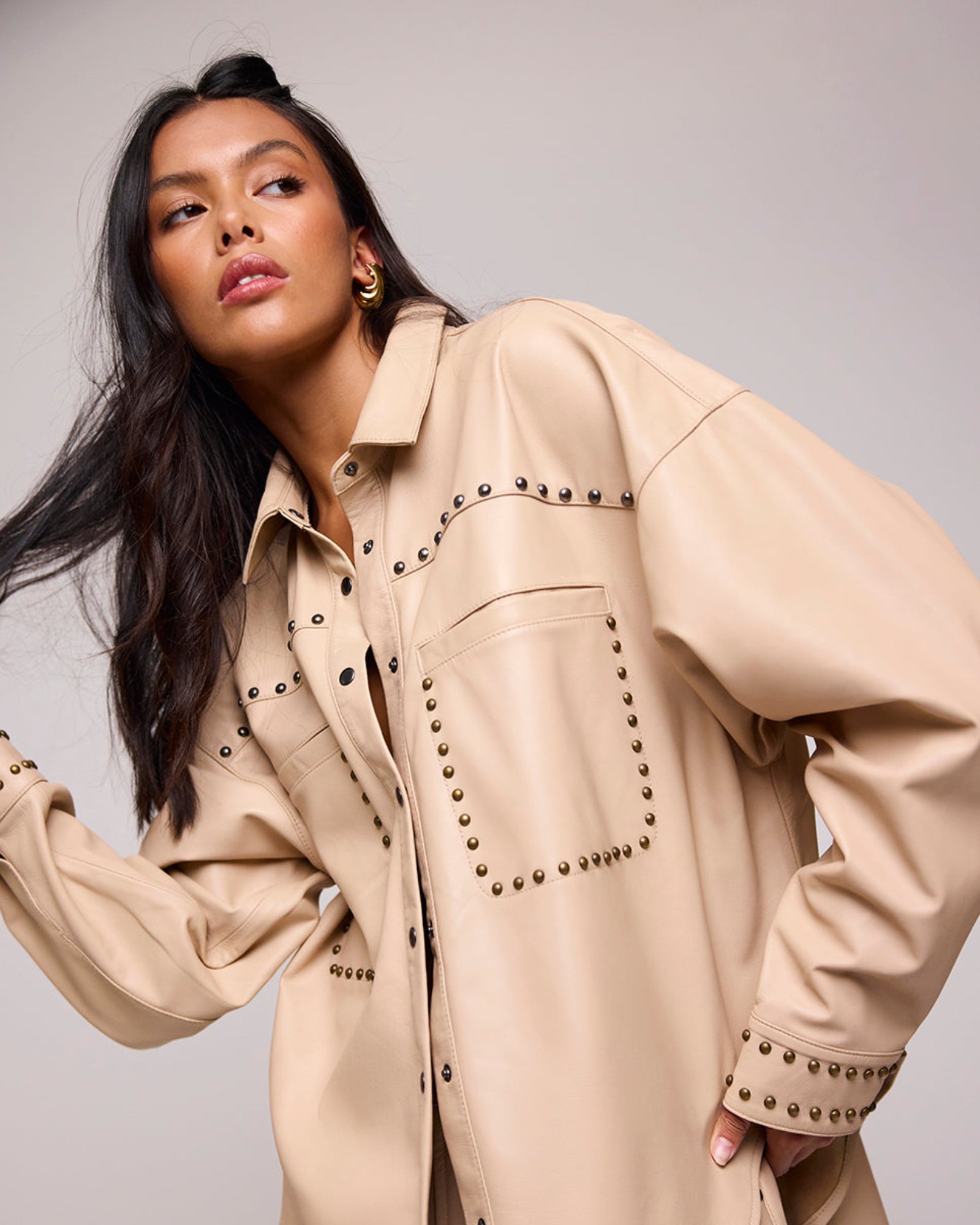Daria Studded Leather Shacket - Tan | One Teaspoon USA