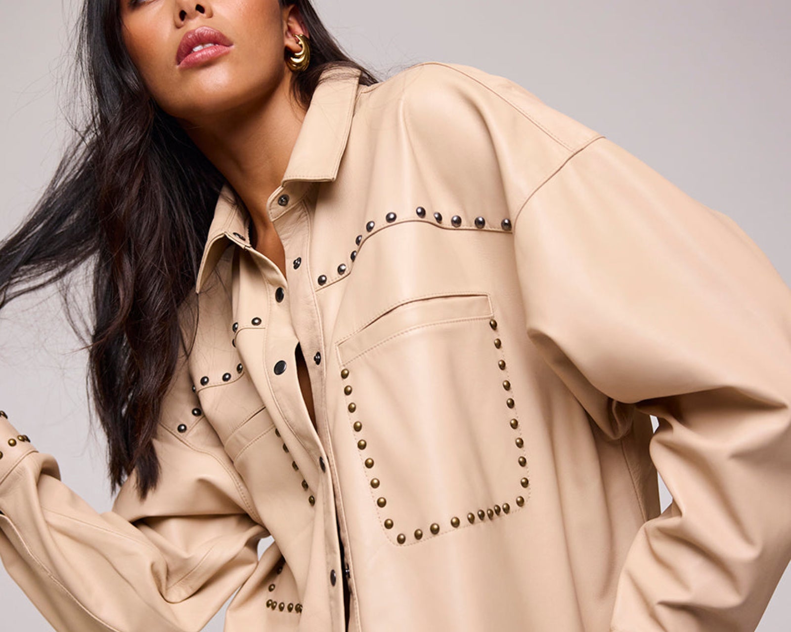Daria Studded Leather Shacket - Tan