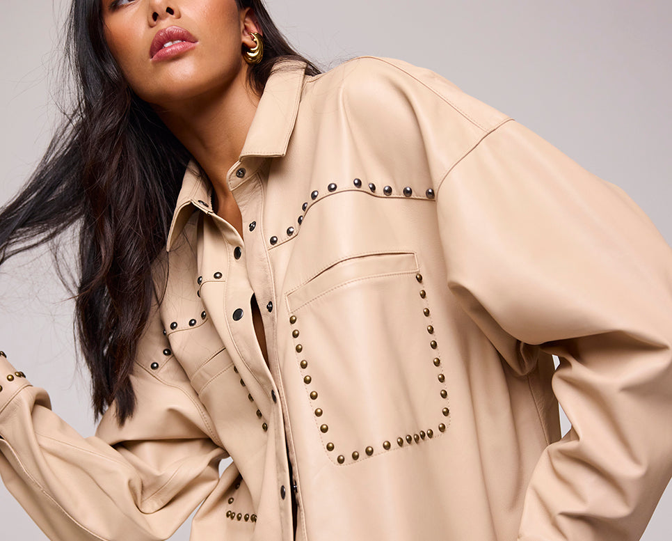 Daria Studded Leather Shacket - Tan