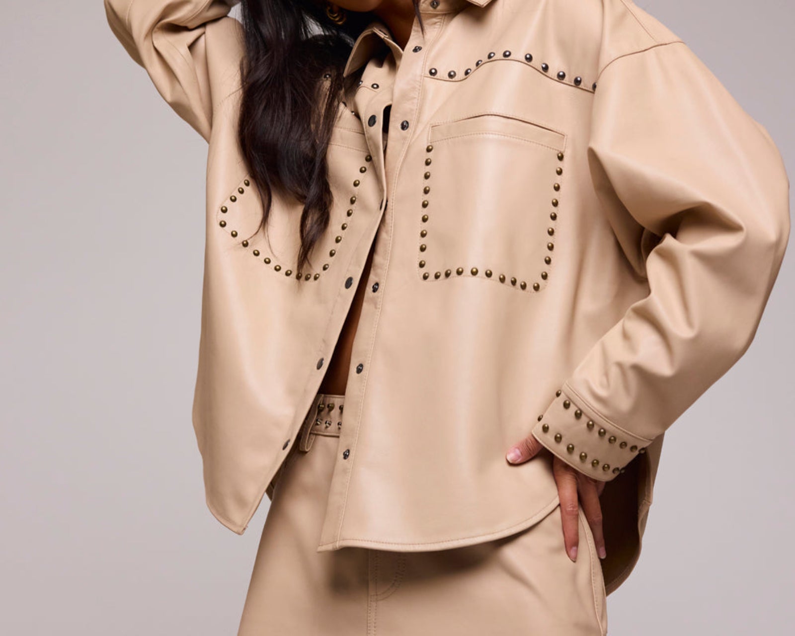 Daria Studded Leather Shacket - Tan