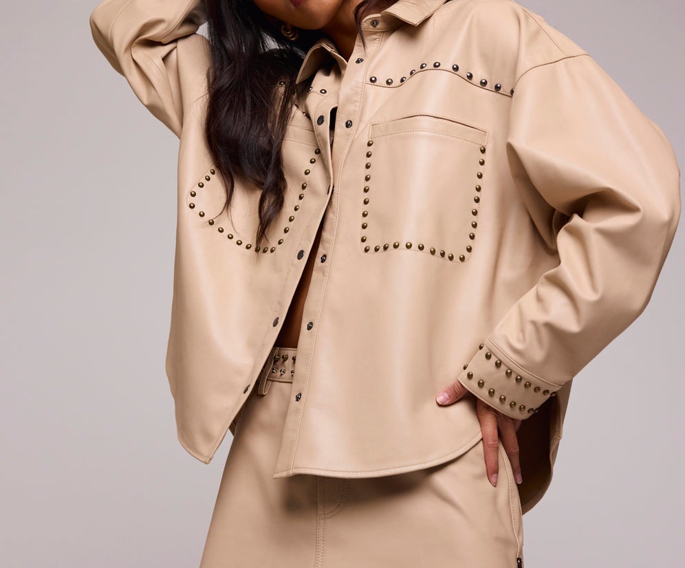 Daria Studded Leather Shacket - Tan
