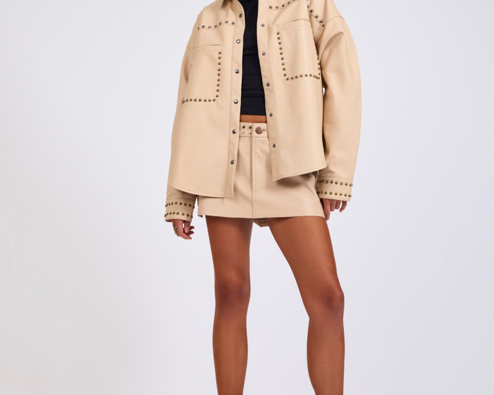 Daria Studded Leather Shacket - Tan