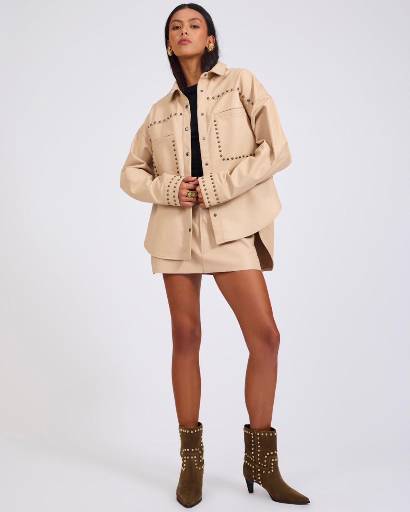 Daria Studded Leather Shacket - Tan | One Teaspoon USA