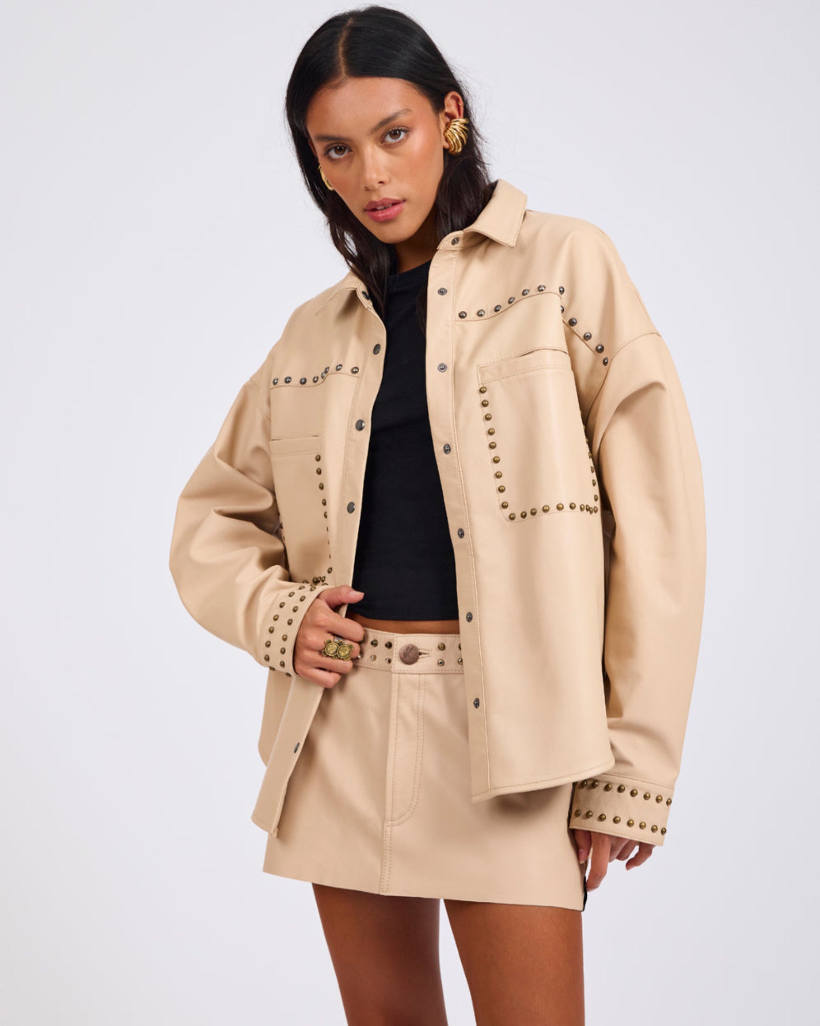 Daria Studded Leather Shacket - Tan | One Teaspoon USA