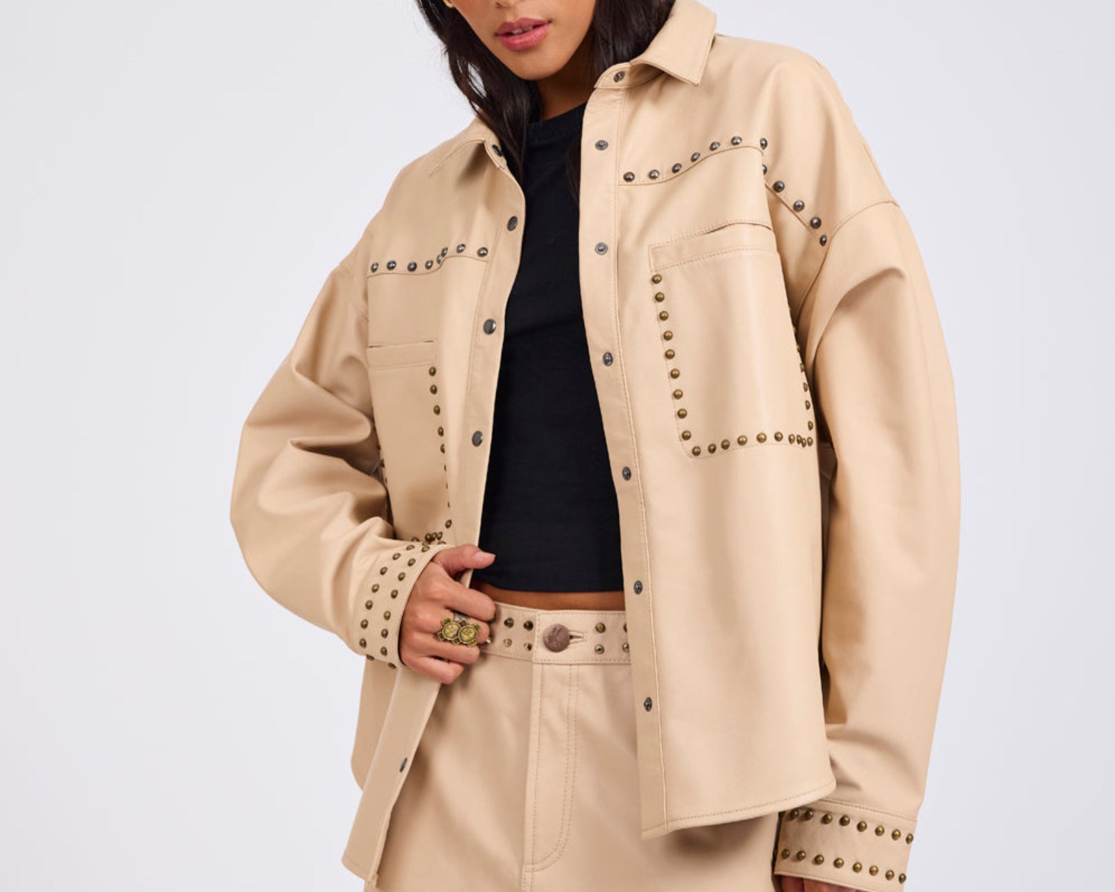 Daria Studded Leather Shacket - Tan