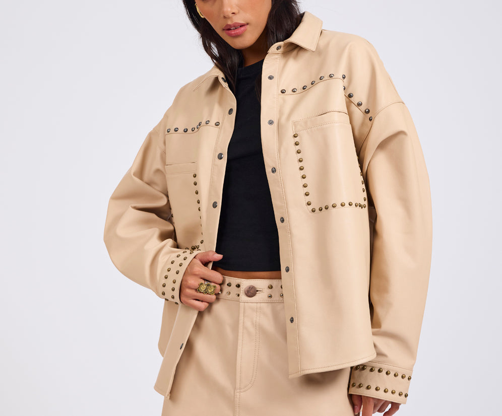 Daria Studded Leather Shacket - Tan