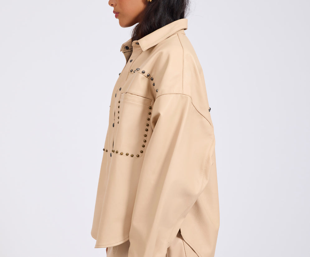 Daria Studded Leather Shacket - Tan