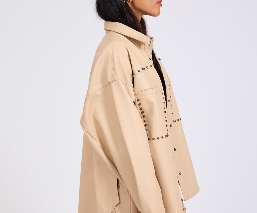 Daria Studded Leather Shacket - Tan
