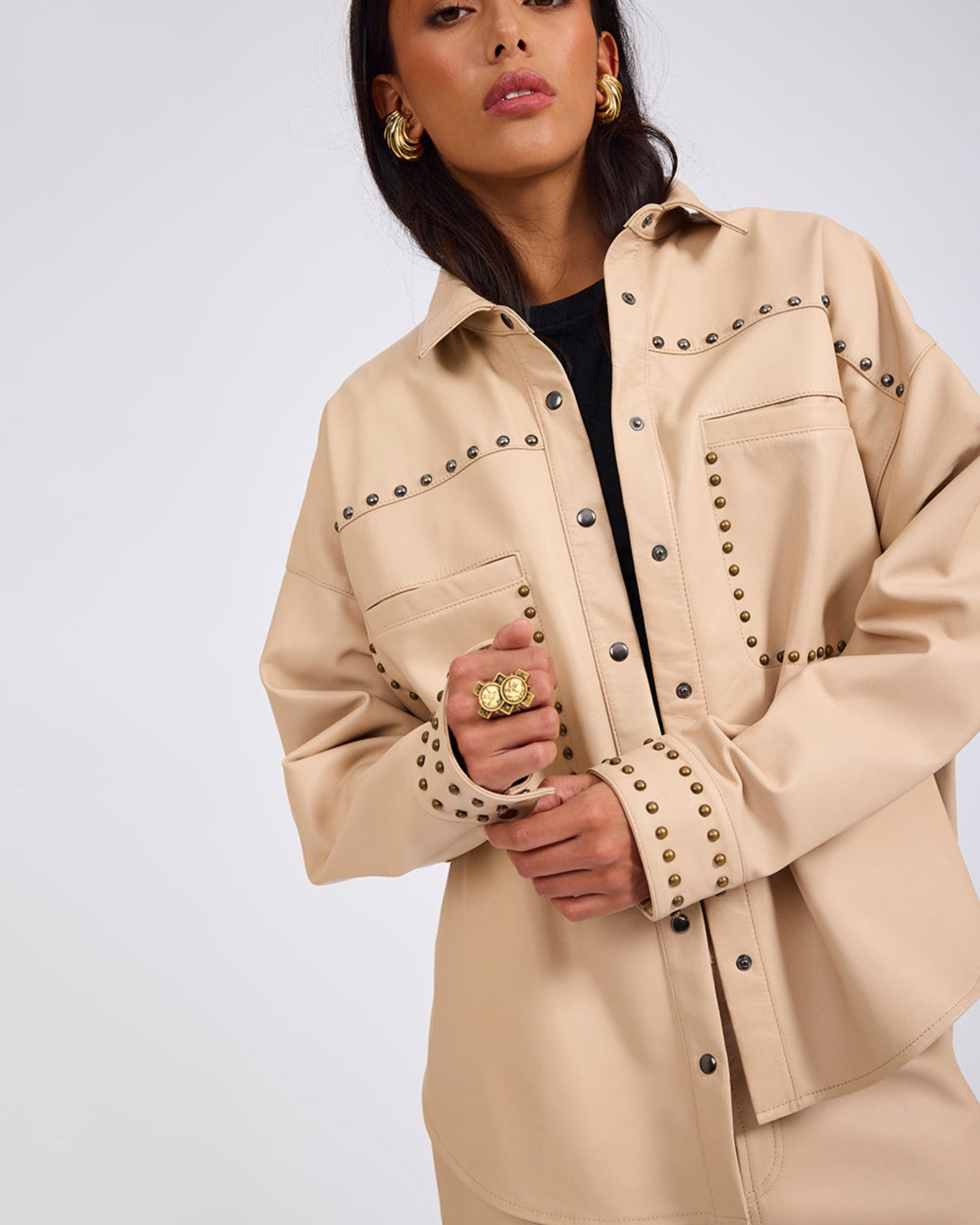Daria Studded Leather Shacket - Tan | One Teaspoon USA
