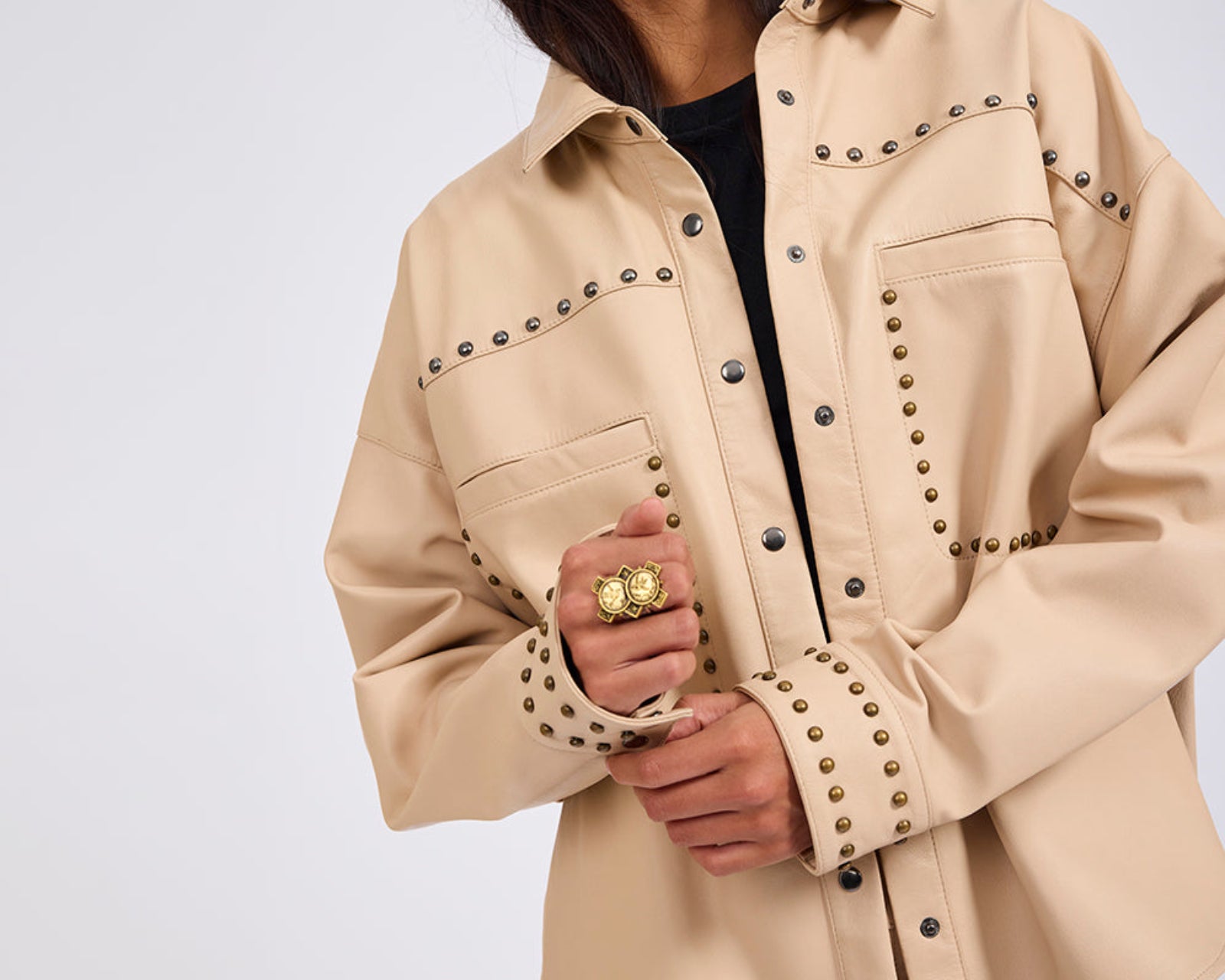 Daria Studded Leather Shacket - Tan