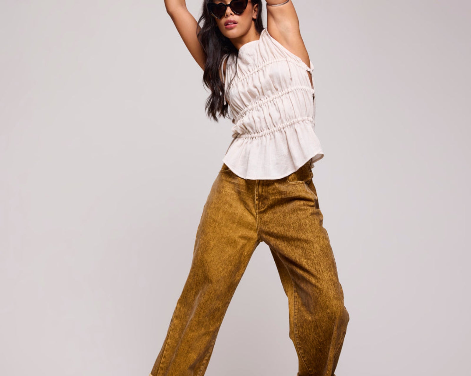 Evelyn Gathered Ruched Tie Top - Cream