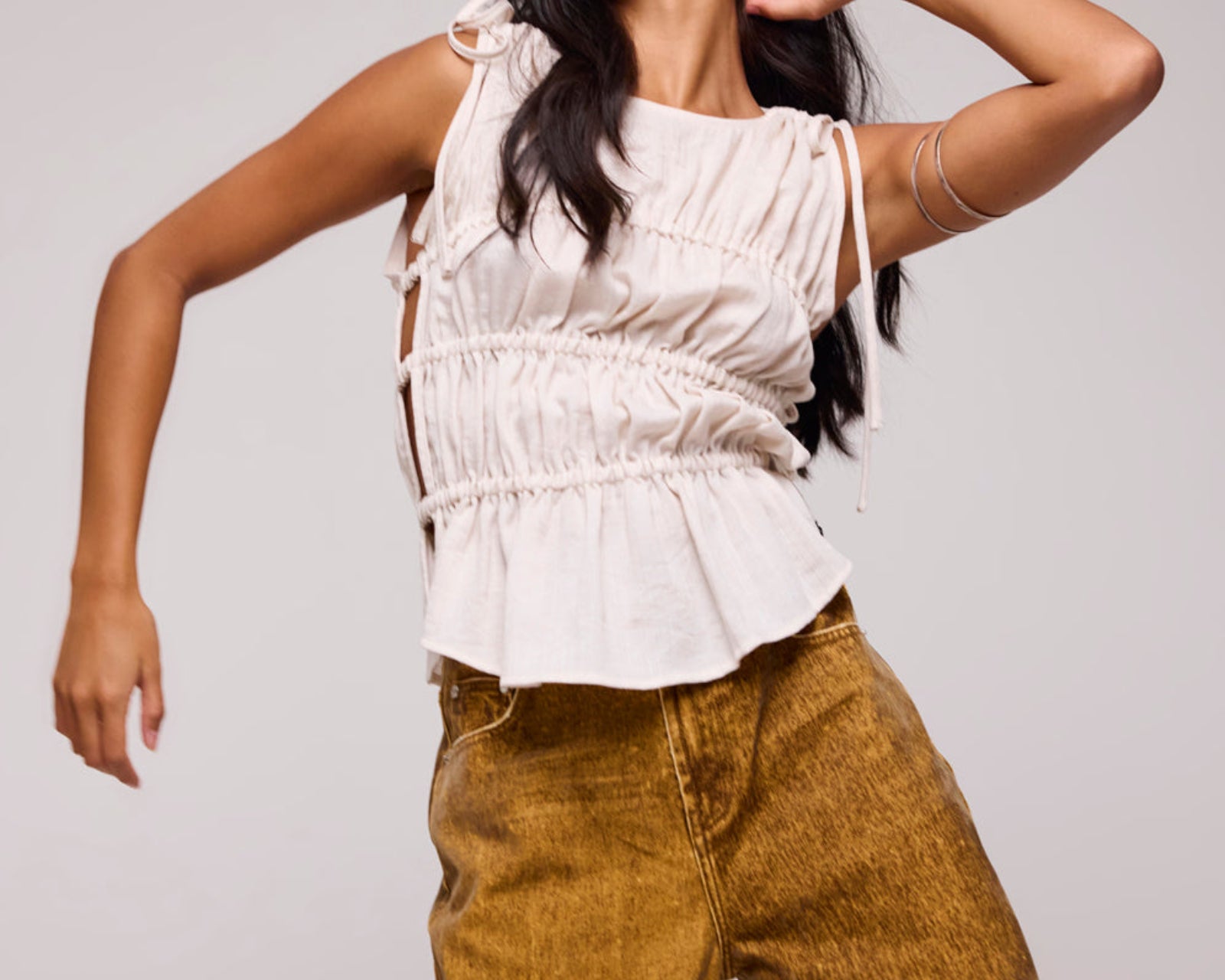 Evelyn Gathered Ruched Tie Top - Cream