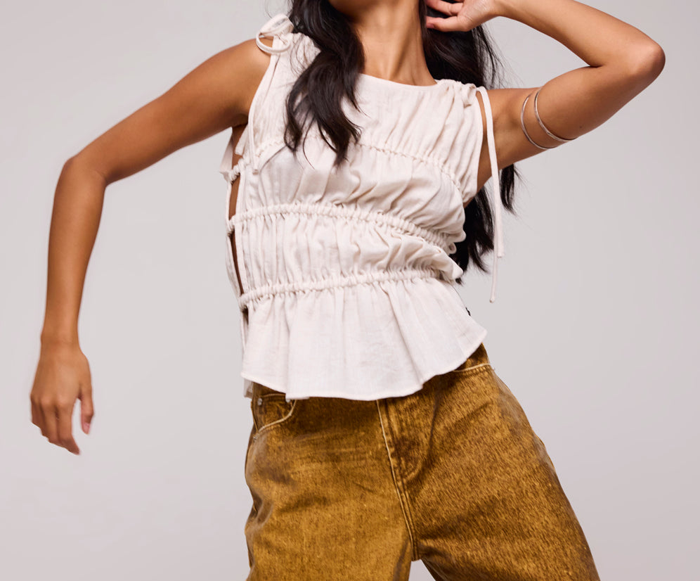 Evelyn Gathered Ruched Tie Top - Cream