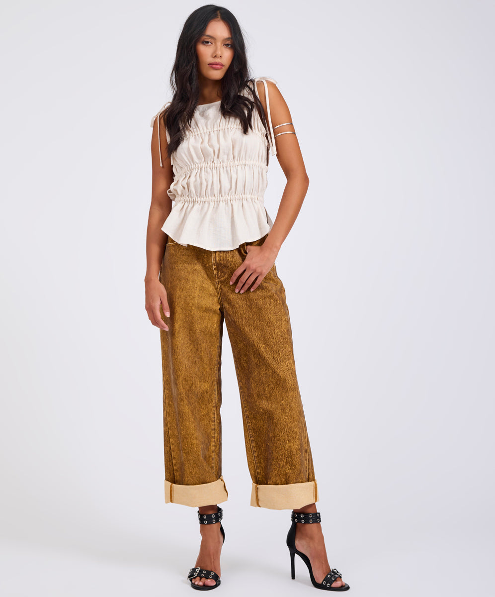  Evelyn Gathered Ruched Tie Top - Cream