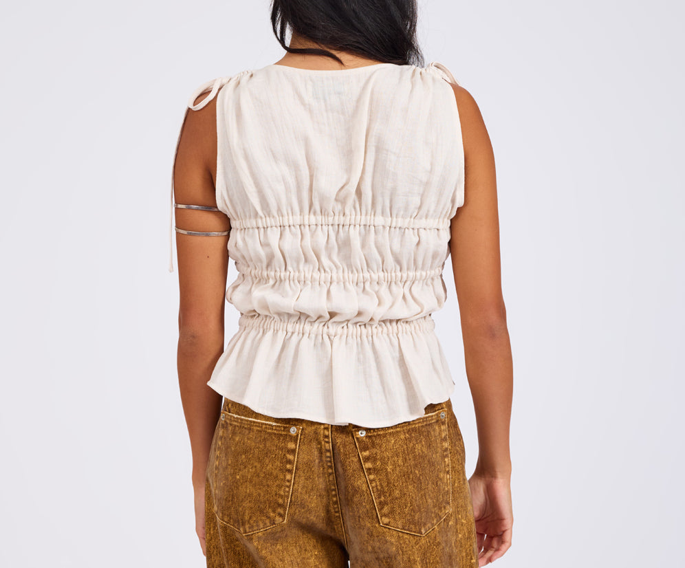 Evelyn Gathered Ruched Tie Top - Cream