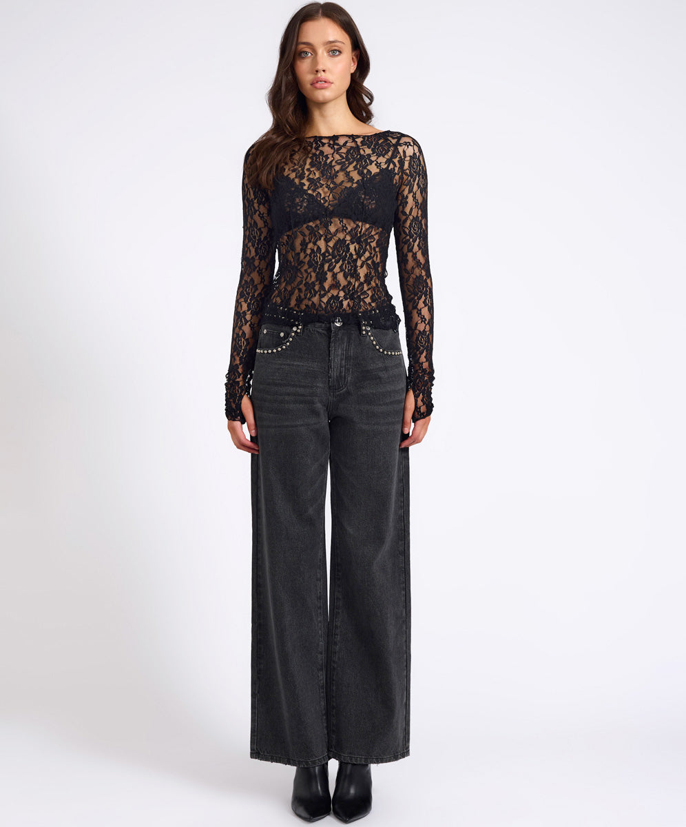 Last Stock Wednesday Lace Long Sleeve Top - Black