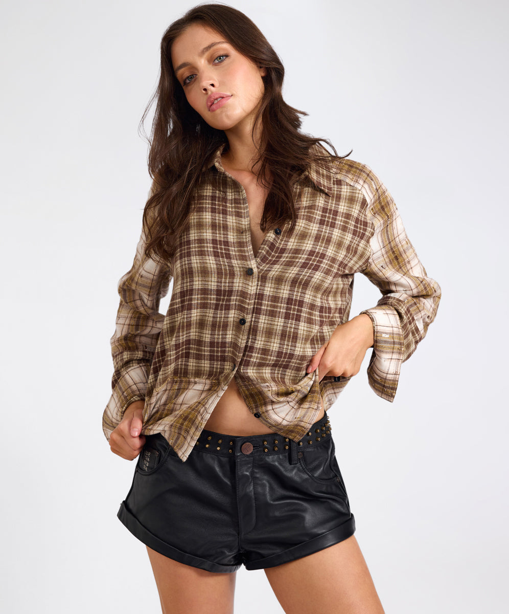  Rodeo Rust Patchwork Flannel Shirt - Brown