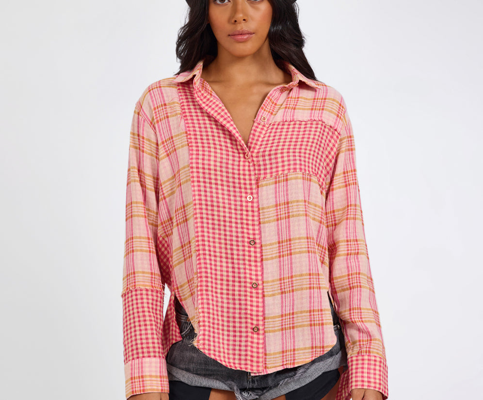 Flannel Checked Cotton Muslin Shirt - Pink