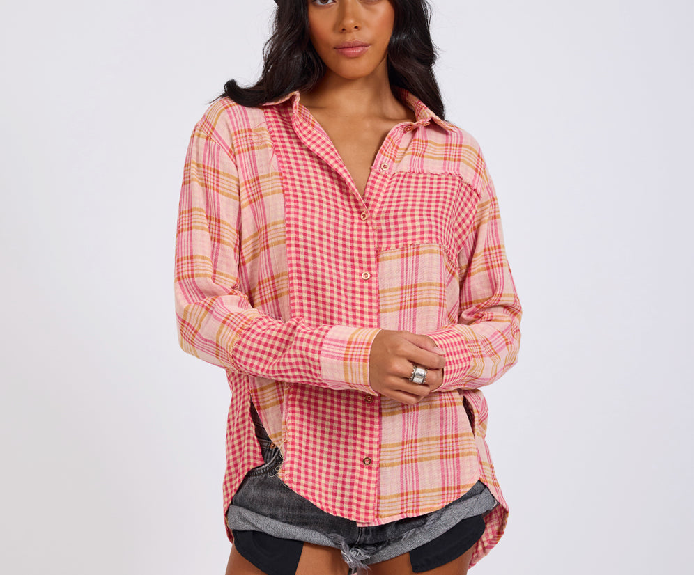 Flannel Checked Cotton Muslin Shirt - Pink