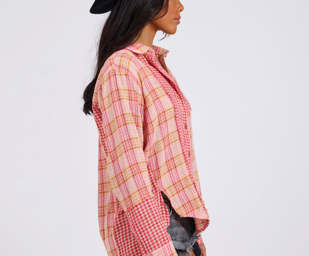 Flannel Checked Cotton Muslin Shirt - Pink