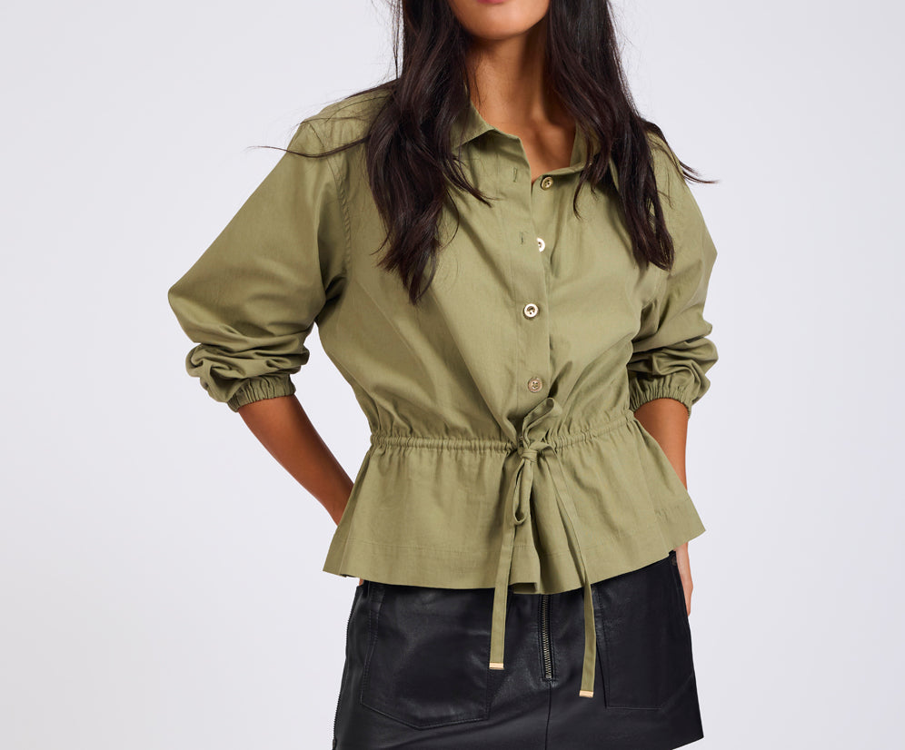 Tie Waist Cotton Shirt - Khaki