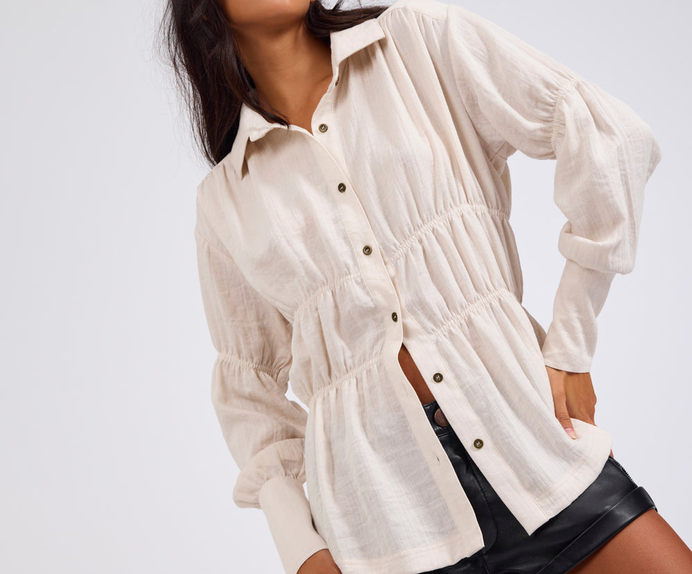 Harper Ruched Longsleeve Shirt - Cream
