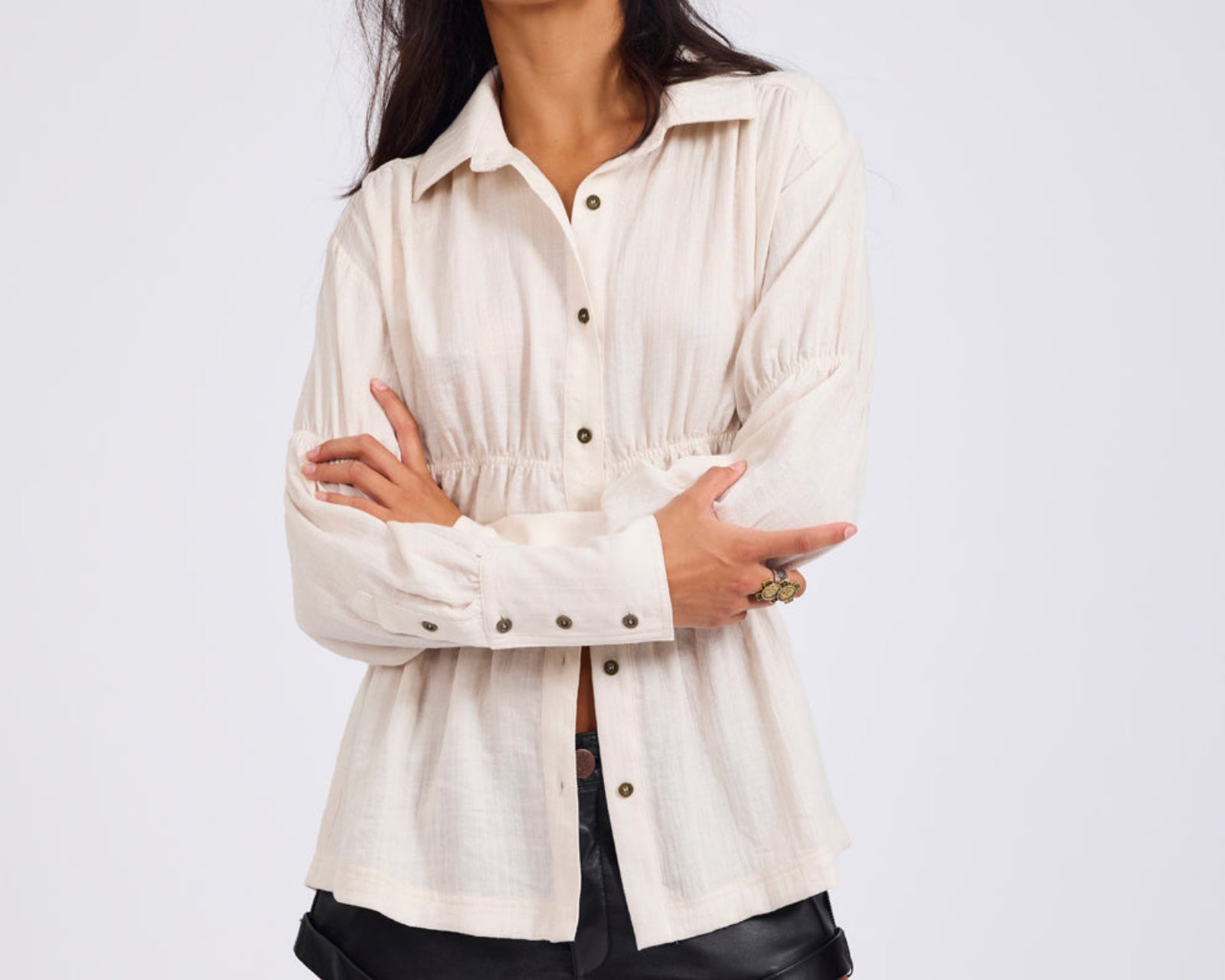 Harper Ruched Longsleeve Shirt - Cream