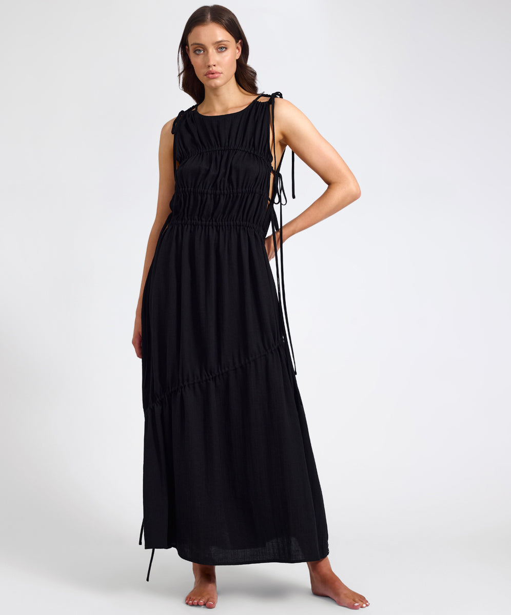  Evelyn Gathered Ruched Maxi Dress - Black