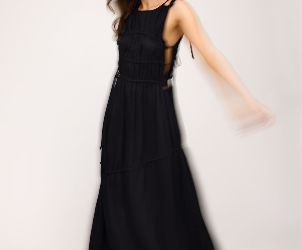 Evelyn Gathered Ruched Maxi Dress - Black