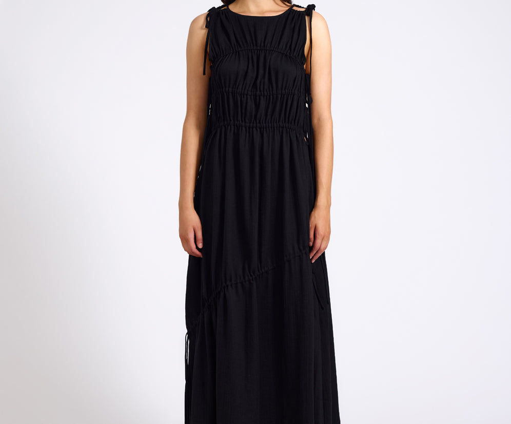 Evelyn Gathered Ruched Maxi Dress - Black