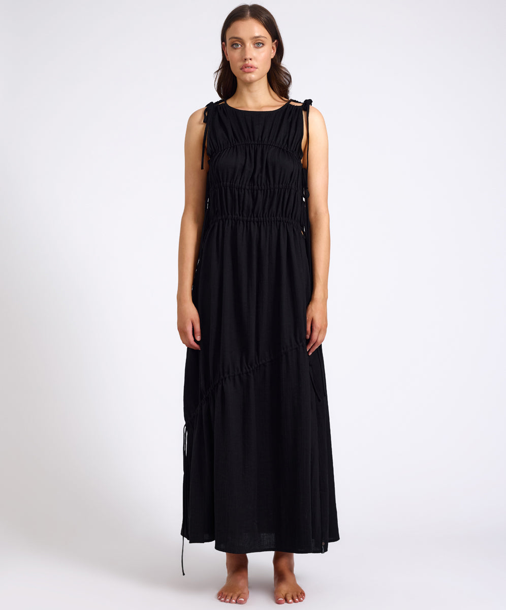  Evelyn Gathered Ruched Maxi Dress - Black