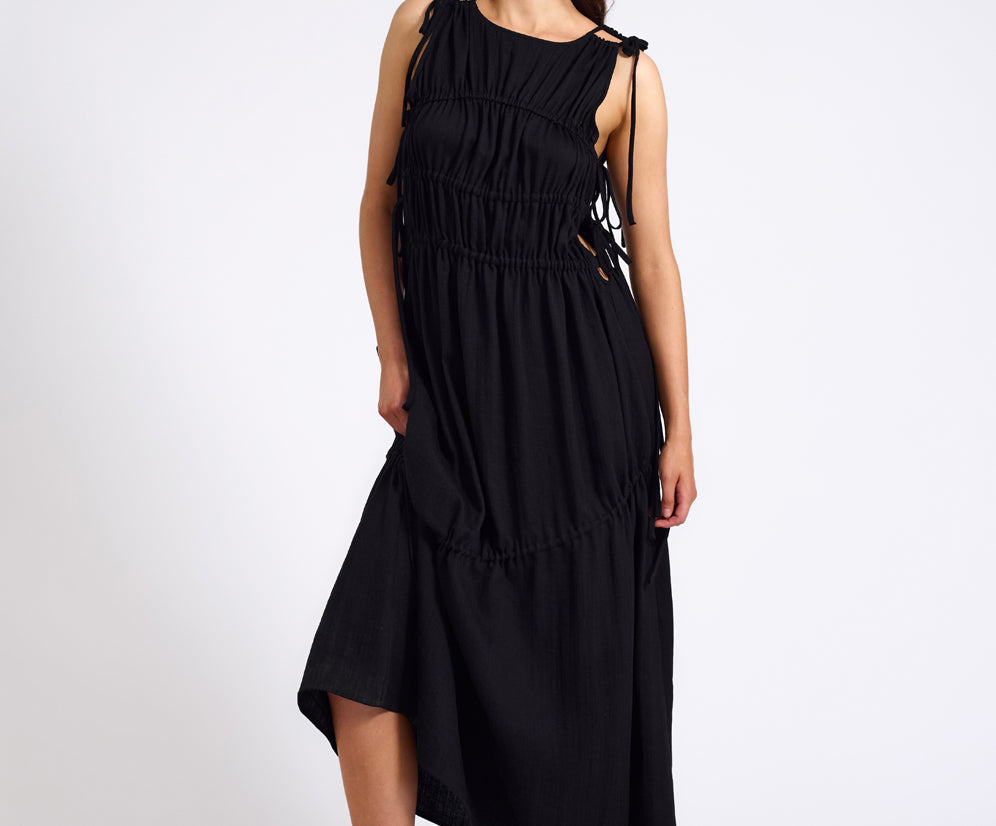 Evelyn Gathered Ruched Maxi Dress - Black
