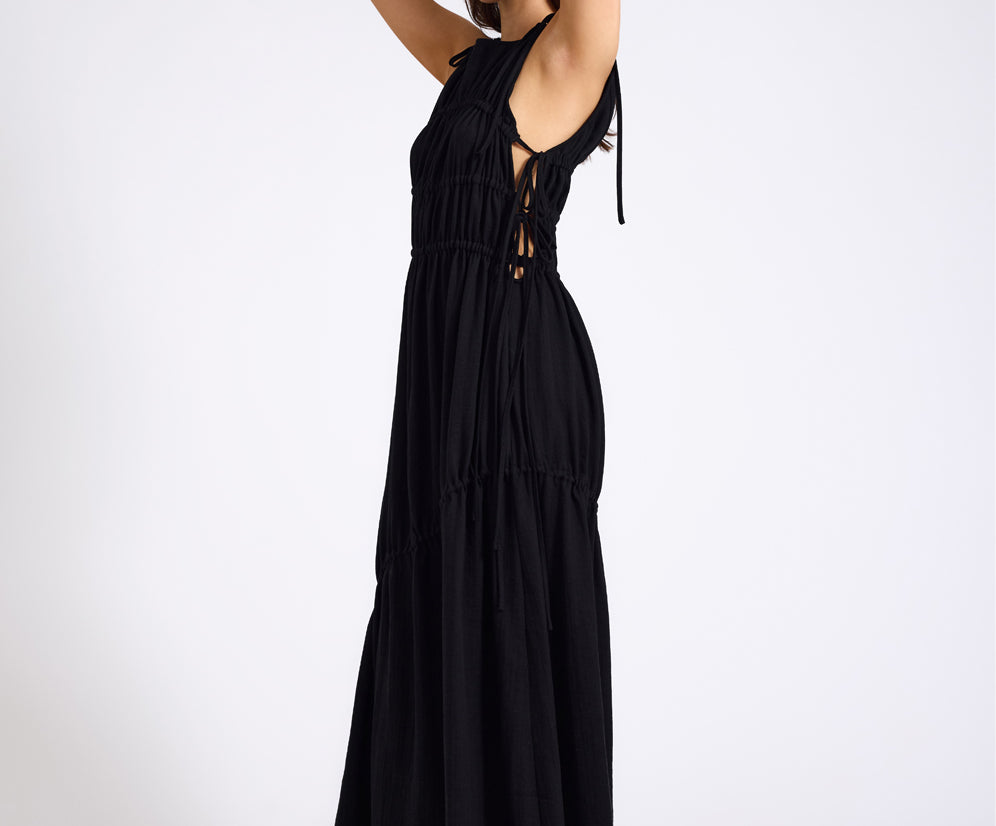Evelyn Gathered Ruched Maxi Dress - Black